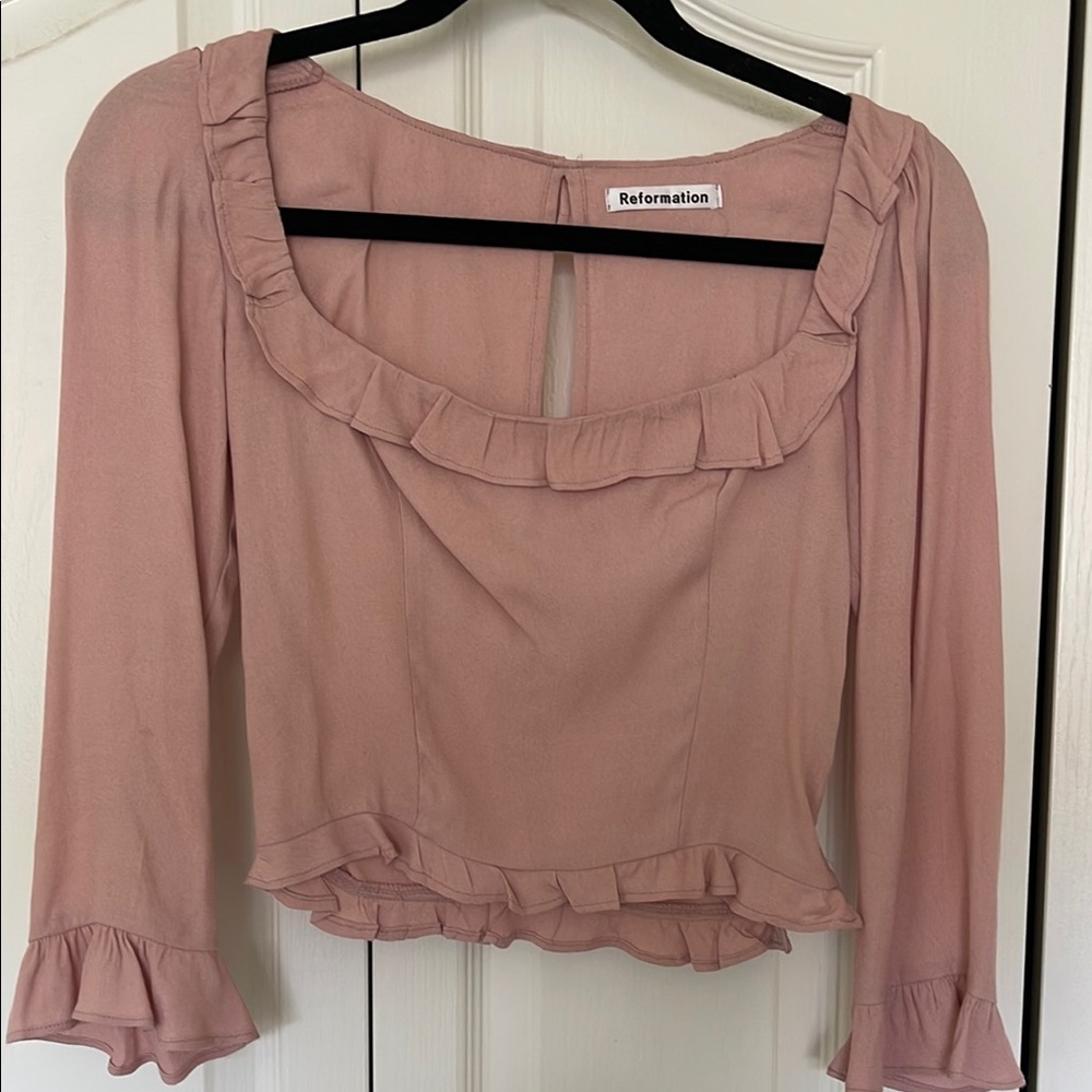 Reformation Pink Ruffled Crop Blouse